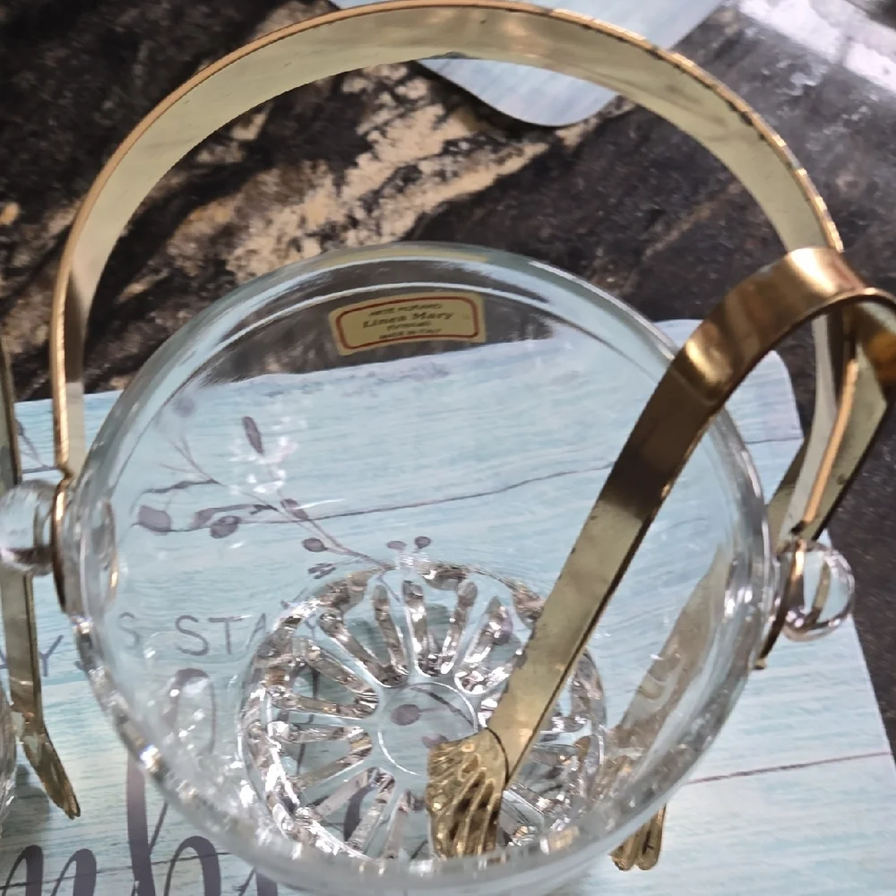 Murano Clear Glass Ice Bucket with Gold Handles